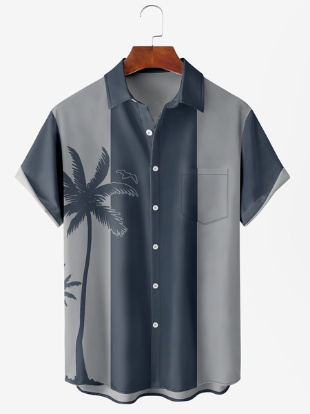 

Men's Blue Striped Coconut Print Anti-Wrinkle Moisture Wicking Fabric Lapel Short Sleeve Hawaiian Shirt, Men's Floral shirt