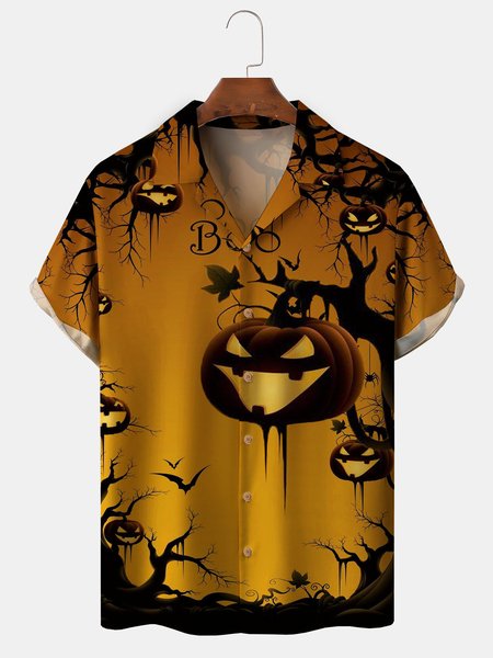 

Men's Halloween Printed Casual Fabric Lapel Short Sleeve Hawaiian Shirt, Yellow, Men's Floral shirt