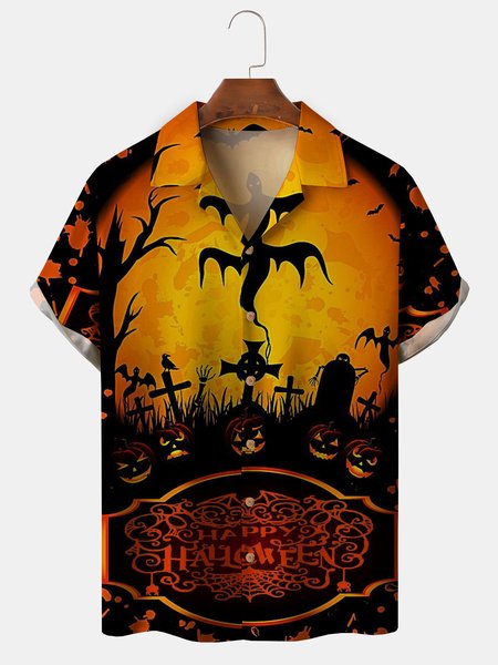 

Men's Halloween Printed Casual Fabric Lapel Short Sleeve Hawaiian Shirt, Yellow, Men's Floral shirt