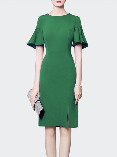 

Green Elegant Daily Crew Neck Plain Ruffled Sleeves Dress, Midi Dresses