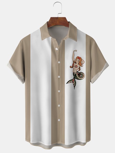 

Men's Mermaid Graphic Print Short Sleeve Shirt, Khaki, Men's Floral shirt