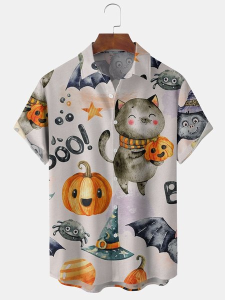 

Mens Funky Halloween Print Front Buttons Soft Breathable Chest Pocket Casual Aloha Shirts, Gray, Men's Floral shirt