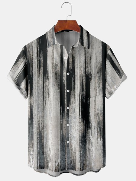 

Men's Geometric Striped Casual Short Sleeve Hawaiian Shirt with Chest Pocket, Black, Men's Floral shirt
