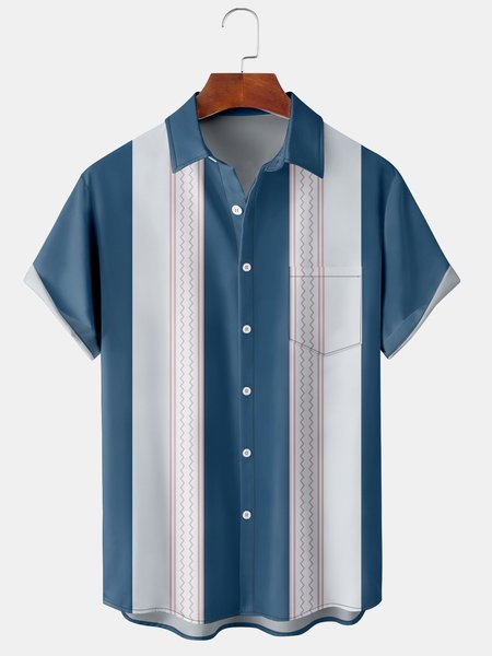 

Mens Striped Print Front Buttons Soft Breathable Chest Pocket Casual Bowling Shirt, Blue, Men's Floral shirt