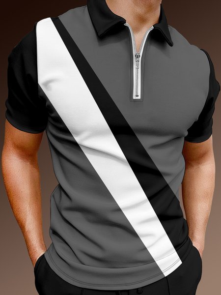

Casual Art Collection Geometric Color Block Pattern Lapel Short Sleeve Polo Print Top, Deep gray, Polos