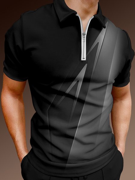 

Casual Art Series 3D Gradient Geometric Stripe Element Pattern Lapel Short Sleeve Polo Print Top, Black, Polos