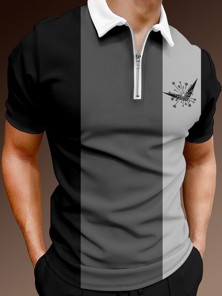 

Casual Art Collection Geometric Stripe Pattern Lapel Short Sleeve Polo Print Top, Black, Polos