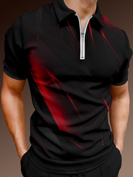 

Casual Art Series 3D Gradient Geometric Stripe Element Pattern Lapel Short Sleeve Polo Print Top, Black, Polos