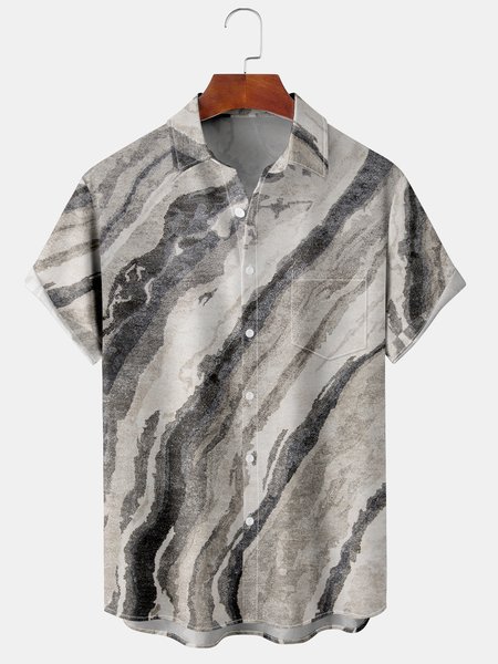 

Geometric Stripes Chest Pocket Short Sleeve Shirt, Black-grey, Men Shirts