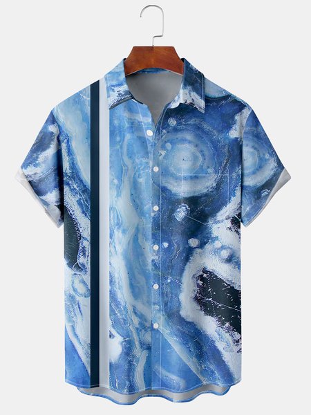 

Men's Geometric Striped Casual Short Sleeve Hawaiian Shirt with Chest Pocket, Blue, Men's Floral shirt