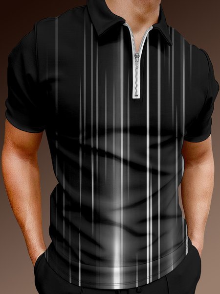 

Casual Art Series 3D Gradient Geometric Stripe Element Pattern Lapel Short Sleeve Polo Print Top, Black, Polos