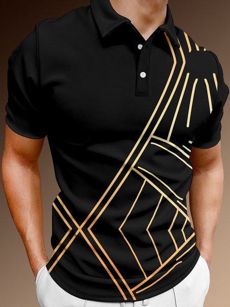 

Casual Art Collection Gradient Geometric Stripes Color Block Pattern Lapel Short Sleeve Polo Print Top, Black, Polos