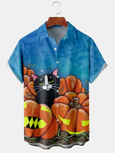 

Men's Halloween Printed Casual Fabric Lapel Short Sleeve Hawaiian Shirt, Blue, Men's Floral shirt