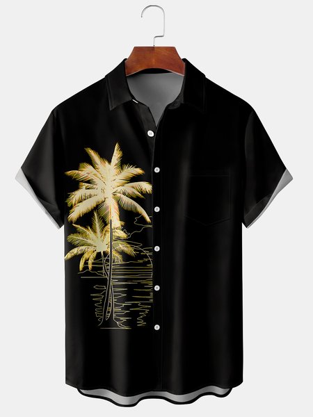 

Men's Coconut Tree Floral Print Casual Fabric Lapel Short Sleeve Hawaiian Shirt, Black, Men's Floral shirt