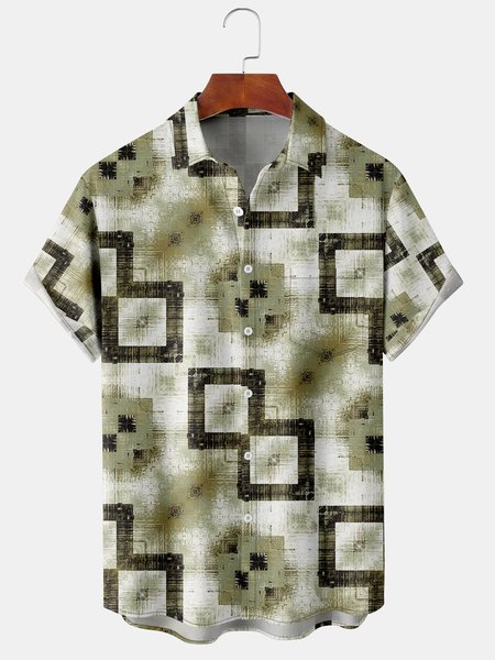 

Men's Geometric Floral Print Casual Fabric Lapel Short Sleeve Hawaiian Shirt, Green, Men's Floral shirt