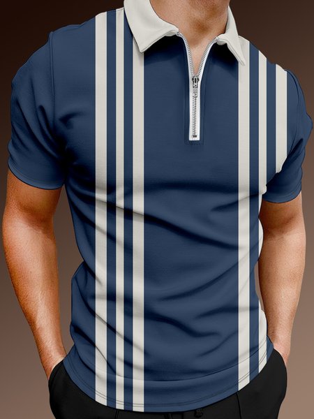 

Casual Art Collection Geometric Stripe Pattern Lapel Short Sleeve Polo Print Top, Purplish blue, Men's t-shirts