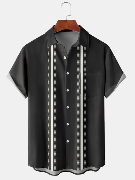 

Mens Striped Print Front Buttons Soft Breathable Chest Pocket Casual Hawaiian Shirts, Black, Men's Floral shirt