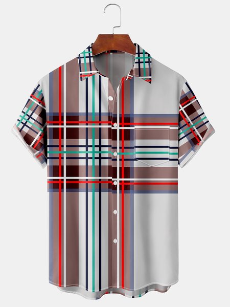 

Men's Geometric Print Casual Short Sleeve Hawaiian Shirt with Chest Pocket, Red, Men's Floral shirt