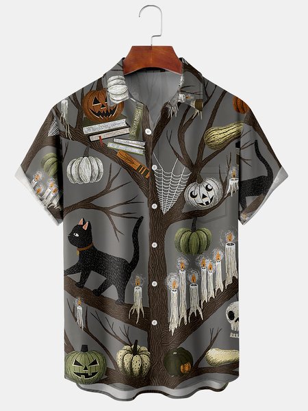 

Men's Halloween Printed Casual Fabric Lapel Short Sleeve Hawaiian Shirt, Gray, Men's Floral shirt