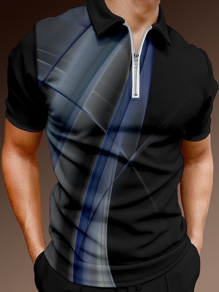 

Casual Art Series 3D Gradient Geometric Stripe Element Pattern Lapel Short Sleeve Polo Print Top, Black, Polos