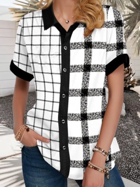 

Simple Plaid Shirt Collar Blouse, Black, Shirts & Blouses