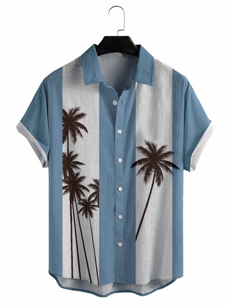 

Cotton And Linen Holiday Leisure Short-sleeved Shirt, Blue, Men's Floral shirt