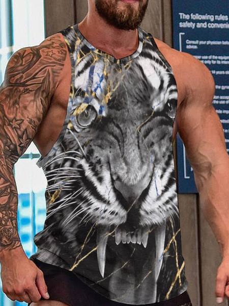 Men Animal Printing Fit Casual Tank Top, Black, Tank Tops