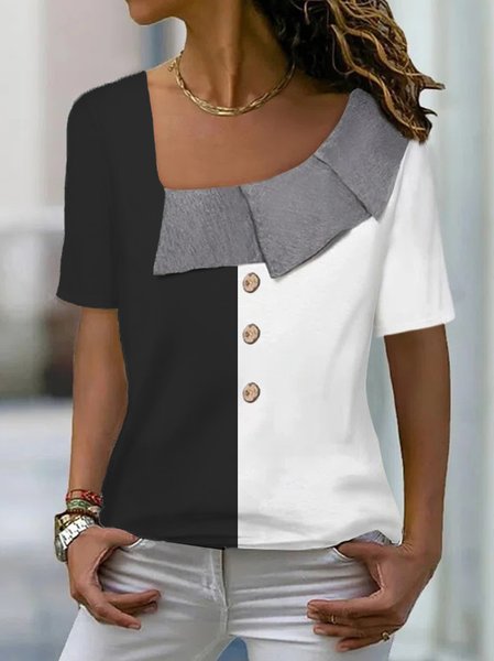 

Color Block Asymmetrical Neck Tops, Black-white, T-Shirts
