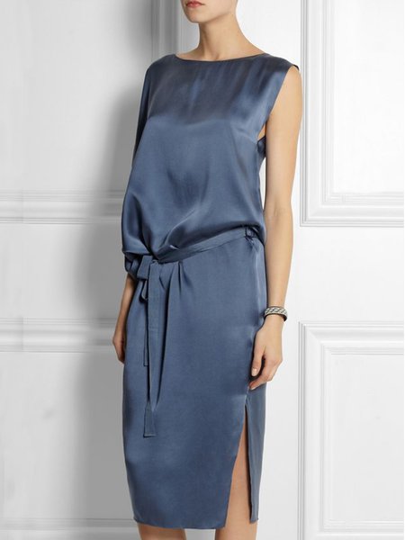 

Elegant Plain One Shoulder Crew Neck Dress, Blue, Midi Dresses