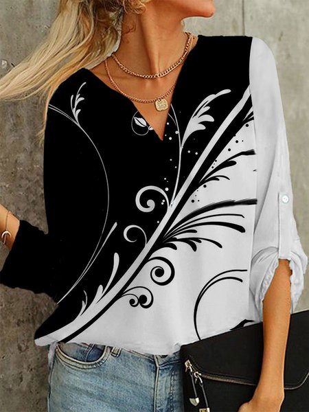 

Floral Casual Color Block V Neck Tops, Black-white, Blouses & Shirts