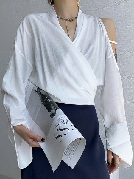 

White Elegant Daily Plain Cross Neck Elegant Blouse, Blouses and Shirts
