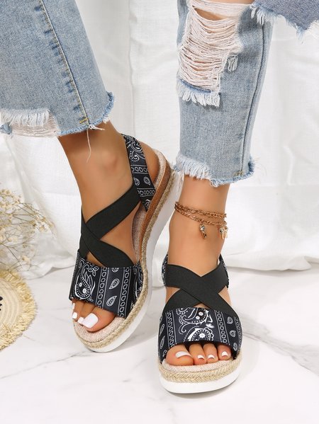 

JFN Resort Ethnic Woven Wedge Sandals, Black, Sandals