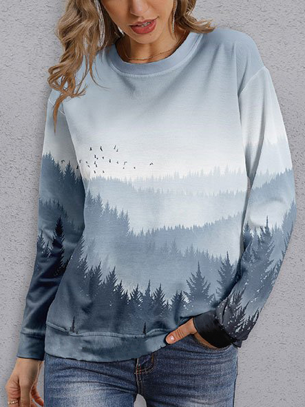 

Landscape Print Casual Crew Neck Sweatshirt, Blue, Sweatshirts & Hoodies