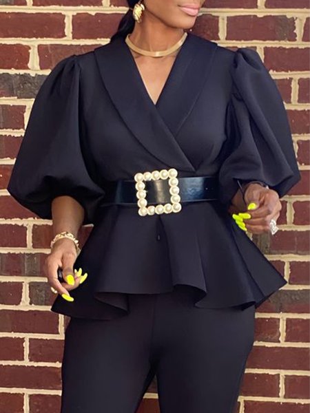 

Elegant Shawl Collar Urban Half Sleeve Top, Black, Blouses and Shirts