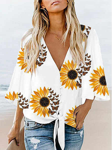 

V Neck Casual Floral Tops, White, Blouses & Shirts