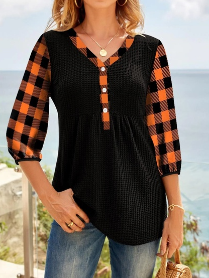 

V Neck Loose Plaid Tops, Black, Shirts & Blouses