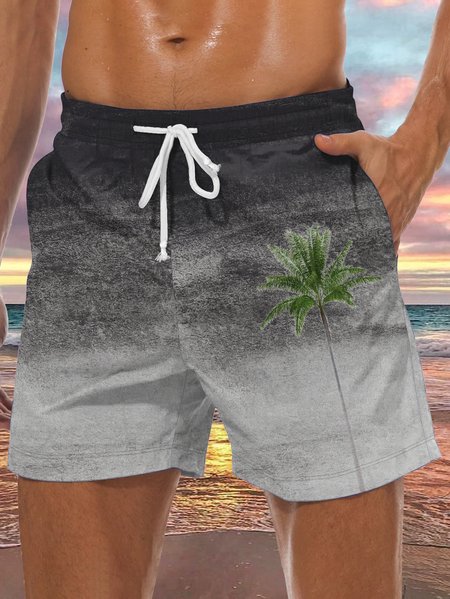 

Men's Coconut Tree Element Graphic Print Casual Vacation Beach Shorts, Black, Men's shorts