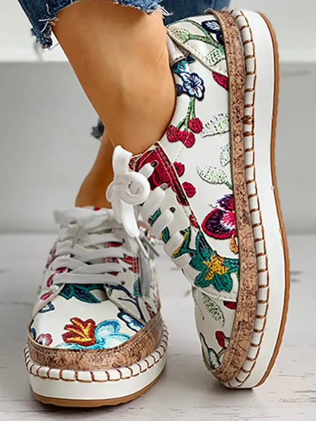 

JFN Tropical Plant Print Panel Casual Lace-Up Flats, As picture, Flats