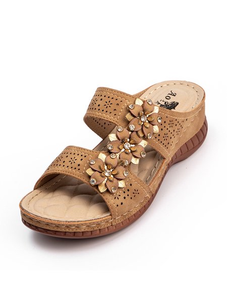 

JFN Casual Rhinestone Floral Lightweight Soft Sole Comfort Wedge Slippers, Golden, Sandals & Slippers
