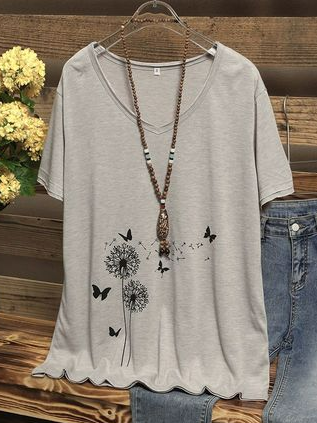 

Dandelion Casual V neck Cotton-Blend Short sleeve T-Shirt, Khaki, T-Shirts