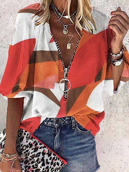 

V Neck Geometric Loose Casual Tops, Multicolor, Shirts & Blouses