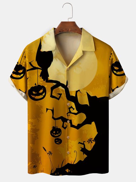 

Men's Halloween Printed Casual Fabric Lapel Short Sleeve Hawaiian Shirt, Yellow, Men's Floral shirt