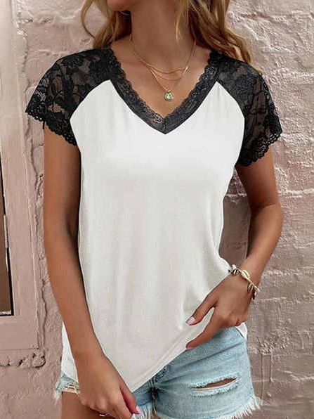 

Plain Cotton-Blend Casual V Neck T-Shirt, White, T-Shirts