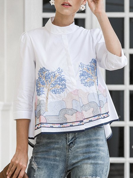 

Urban Loose Stand Collar Blouse, White, Blouses and Shirts