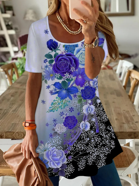 

Floral Casual Crew Neck T-Shirt, Purple, Shirts & Blouses