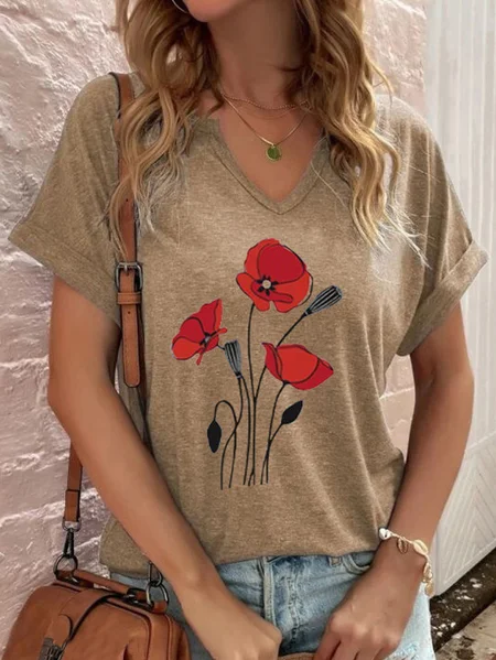 Casual Floral Print V-Neck Short Sleeve T-Shirt, Khaki, T-Shirts