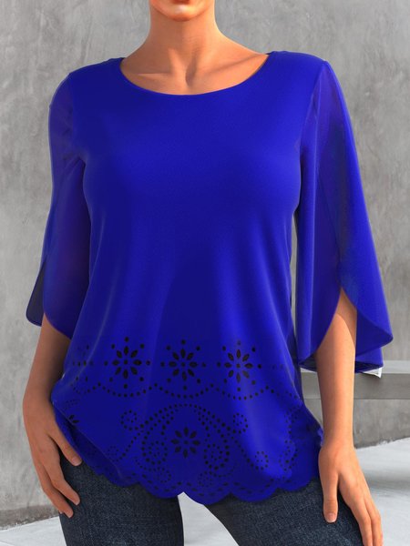 

Crew Neck Casual Plain Devore Loose Tops, Blue, Shirts & Blouses