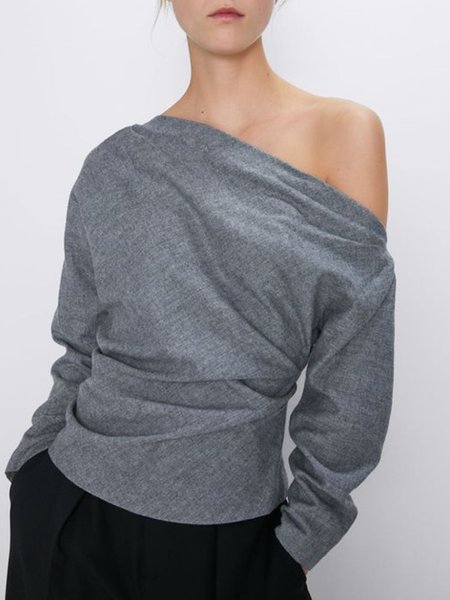 

Asymmetrical Simple Long Sleeve Daily Top, Gray, Blouses and Shirts