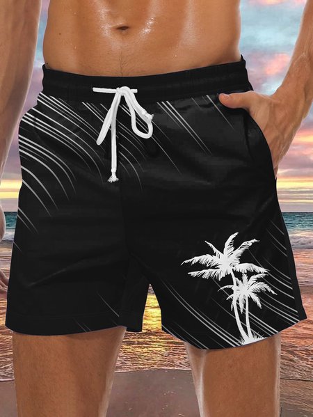 

Men's Coconut Tree Element Graphic Print Casual Vacation Beach Shorts, Black, Men's shorts