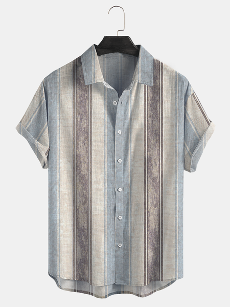 

Cotton Linen Style American Casual Basic Versatile Geometric Striped Linen Shirt, As picture, Men's Floral shirt